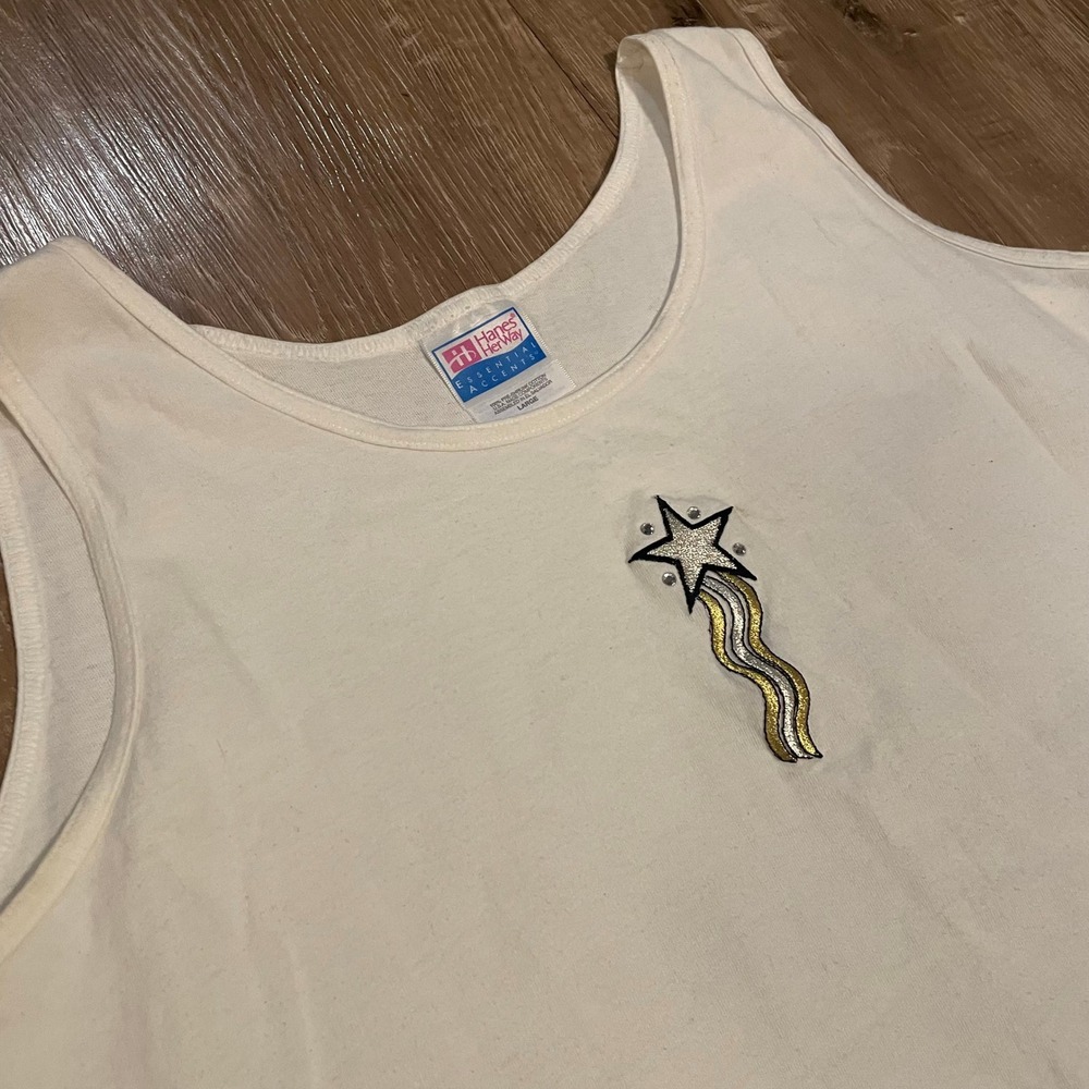 Hanes Her Way Womens Tank Top Large White Cotton Vintage Shooting Star Graphic